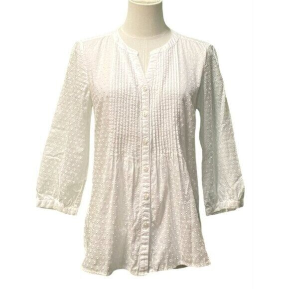 Talbots Tops - Talbots 3/4 Sleeve Pleated Bib Cotton Blend Swiss Dot Woven Babydoll Shirt S/P